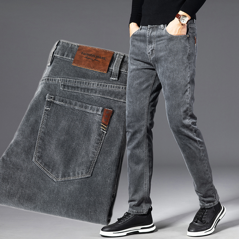 Men's boomer jeans slim down large size straight cylinder loose elastic casual cigarette ash breathable fashion 100 lap long pants summer