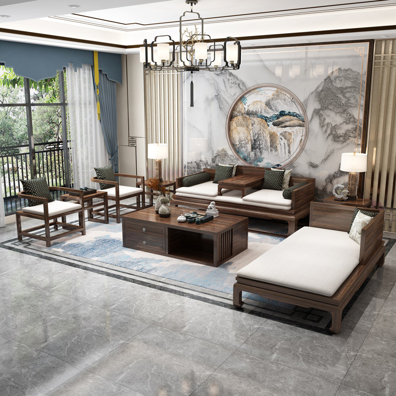 New Chinese Rohan Bed Sofa Black Honolulu Lawn Living Room Combined Solid Wood High-end Light Luxury Furniture