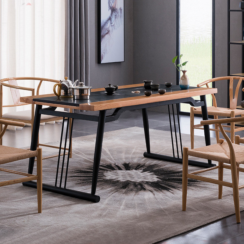 Office Tea Desk Table Wood Grain Stone Face Tea Table Chairs Combined Stainless Steel Racks