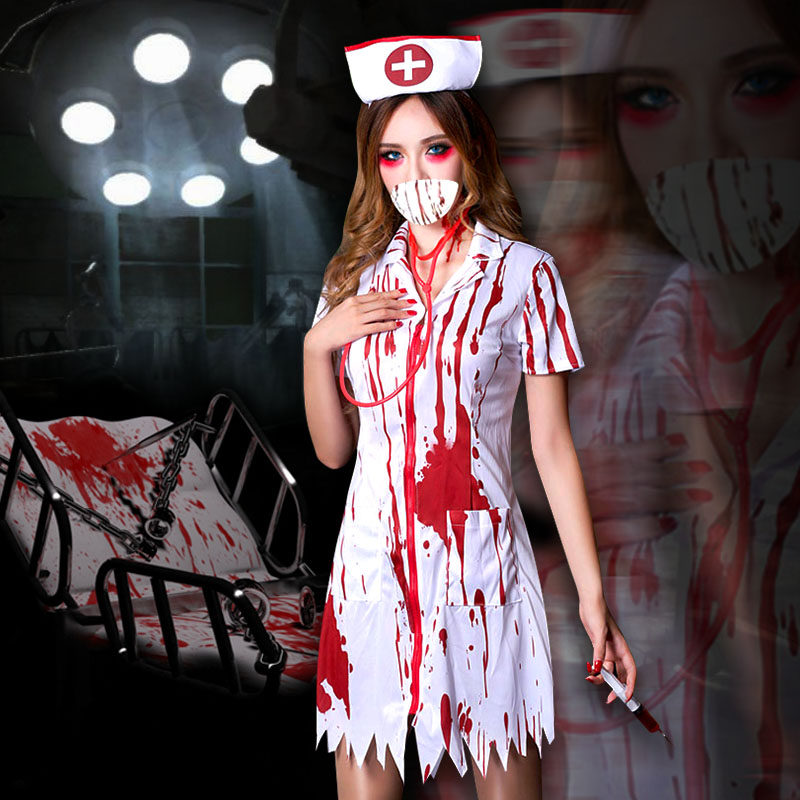 Halloween nurse costume cosplay costume female ghost festival horror bloody adult nurse doctor suit