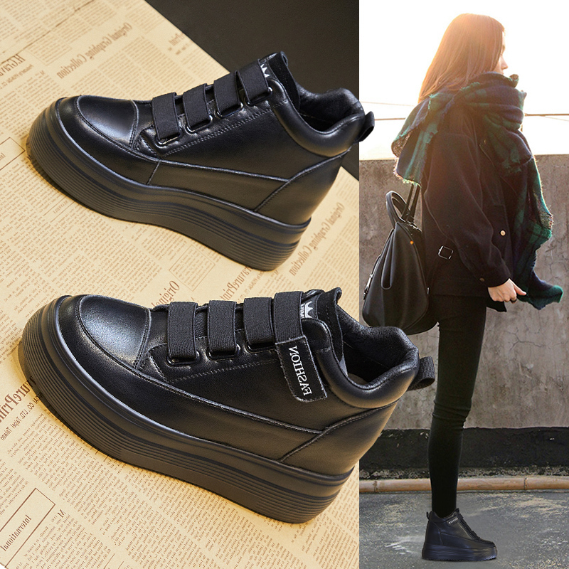 Women's Height-Increasing Shoes 2024 Autumn Black Versatile Genuine Leather Velcro Flats Casual Plush Thick-Soled Platform Shoes