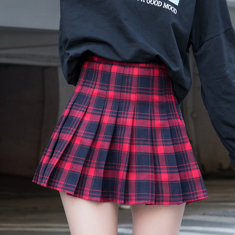 Woolen plaid pleated skirt short skirt women's autumn and winter high waist a word thin student college style red skirt