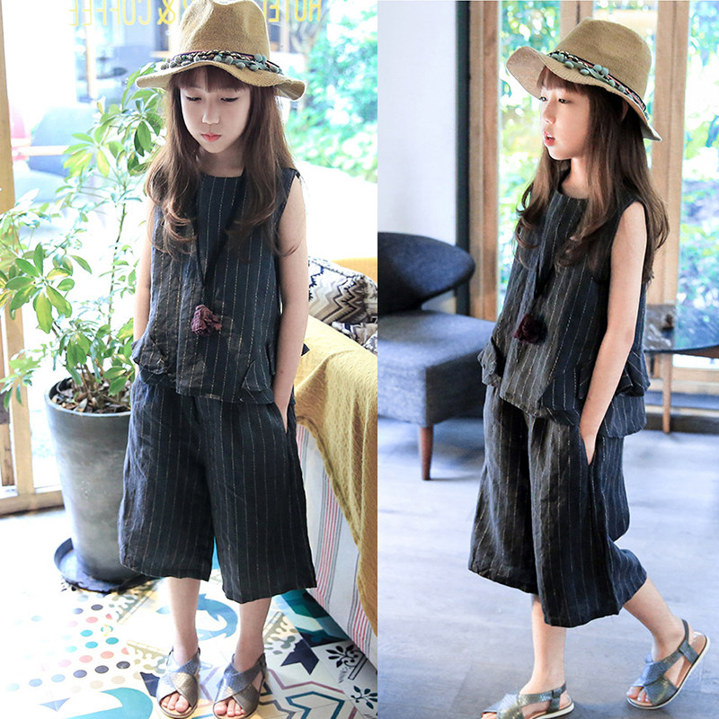 Girls' net red suit summer 2022 new style middle and big children's foreign style cotton and linen loose striped fashionable wide-leg pants two-piece set