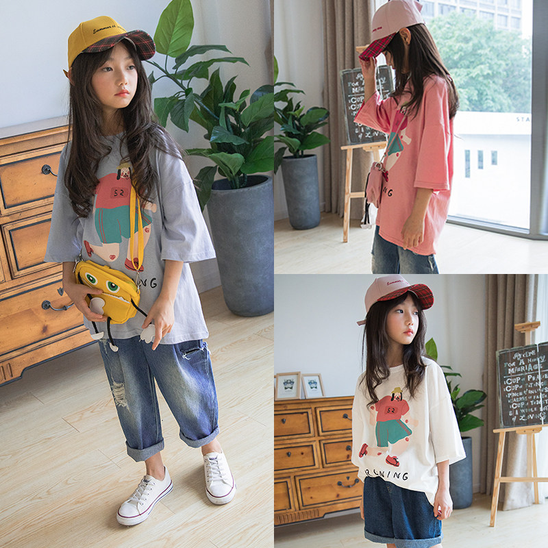 Girls' short-sleeved t-shirt 2022 summer new girl's Korean version of the middle-length loose half-sleeved bottoming shirt thin section trendy