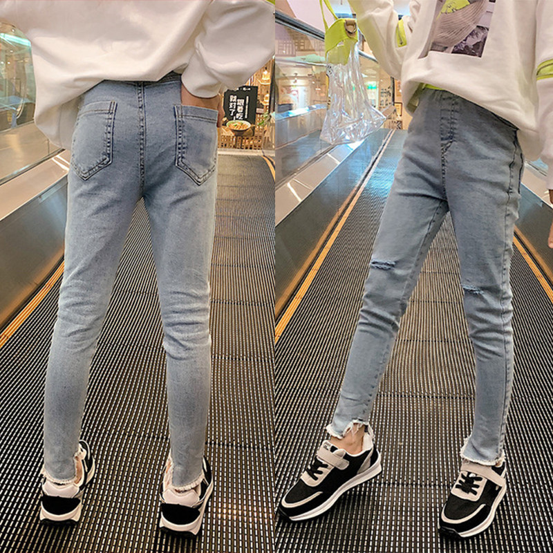 Girls' jeans 2022 new Korean style fashion children's foreign style elastic pants for big boys and girls 12-15 years old