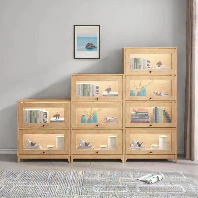 Nordic solid wood bookcase economical and practical flip door locker American log small glass cabinet pine simple bookcase