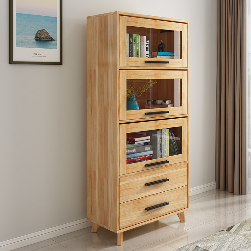 Nordic solid wood log color belt drawer bookcase practical storage cabinet American flip door glass cabinet simple three-door bookcase
