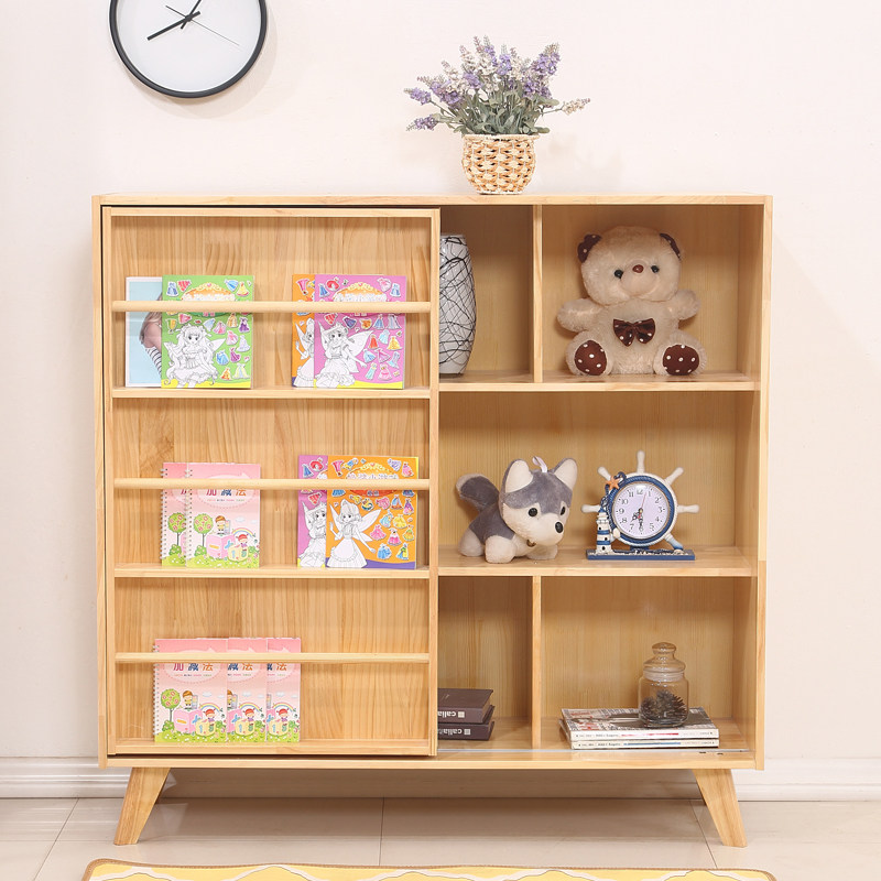 Nordic Japanese-style solid wood bookshelf sliding door locker modern minimalist pine wood storage cabinet children's toy cabinet