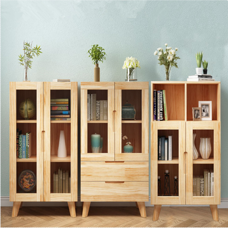 Nordic modern minimalist solid wood bookcase American glass door with drawer storage cabinet log color floor storage cabinet
