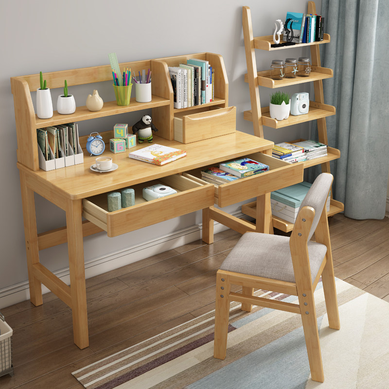 Nordic solid wood with bookshelf integrated desk log color student reading desk economy with drawer writing small desk