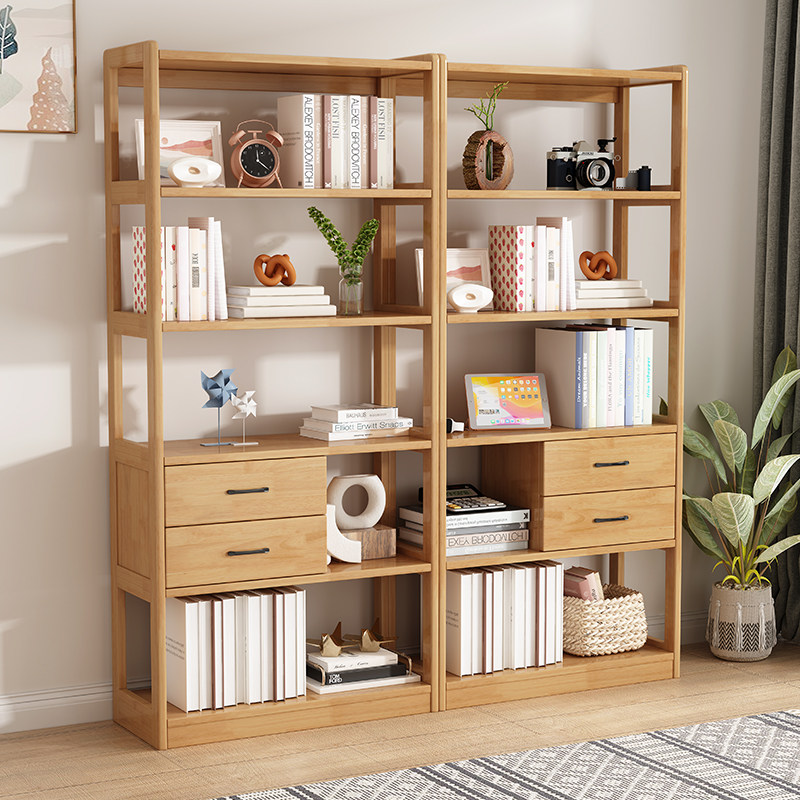 Nordic solid wood floor-to-ceiling bookshelf living room shelf log color display stand study simple rubber wood large book shelf