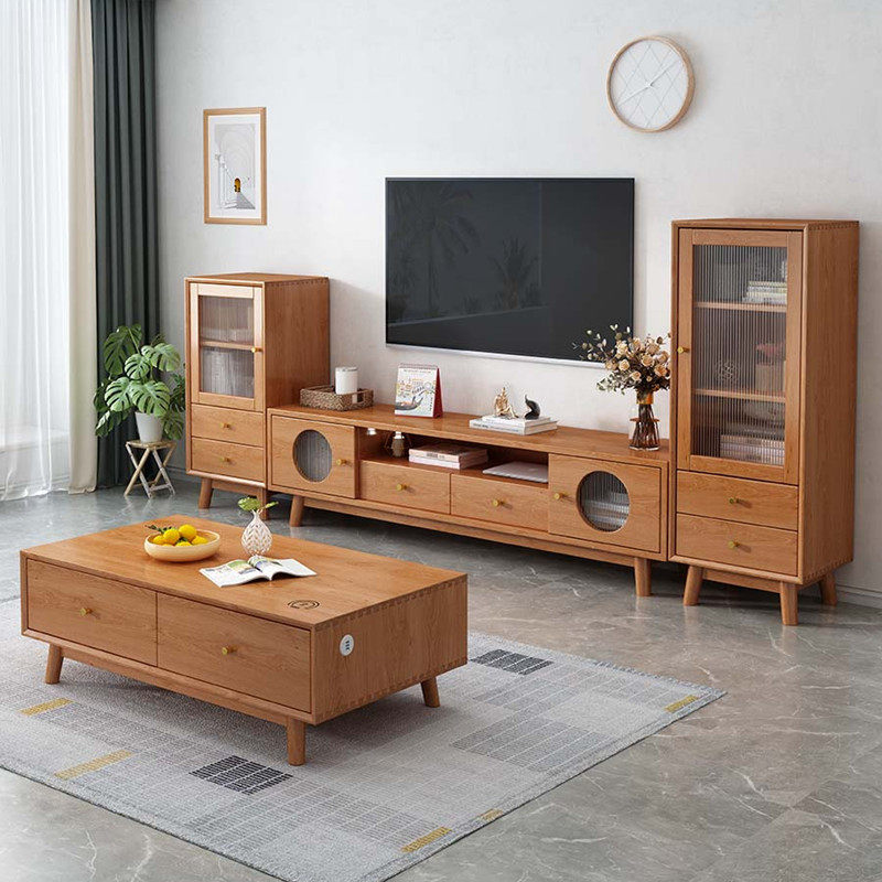 Nordic solid wood TV cabinet cherry color floor cabinet modern minimalist small apartment low cabinet living room complete set of lockers coffee table