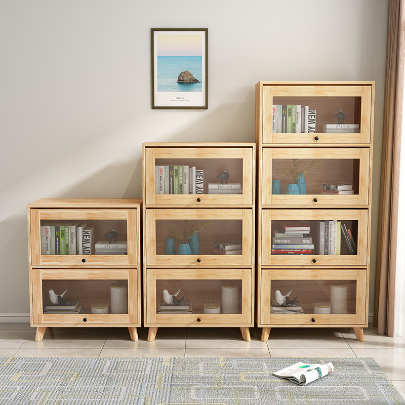 Nordic solid wood log color bookcase economical and practical locker American combination glass cabinet simple three-door bookcase