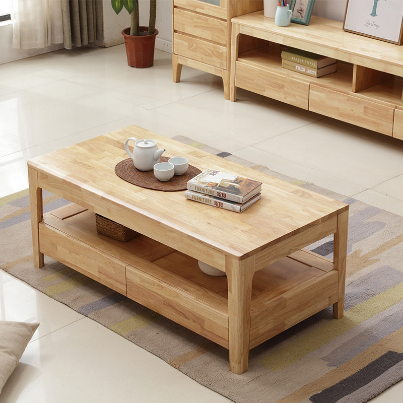 Modern Japanese-style small apartment tea table Nordic log color simple tea table solid wood coffee table living room with drawer and storage wooden table