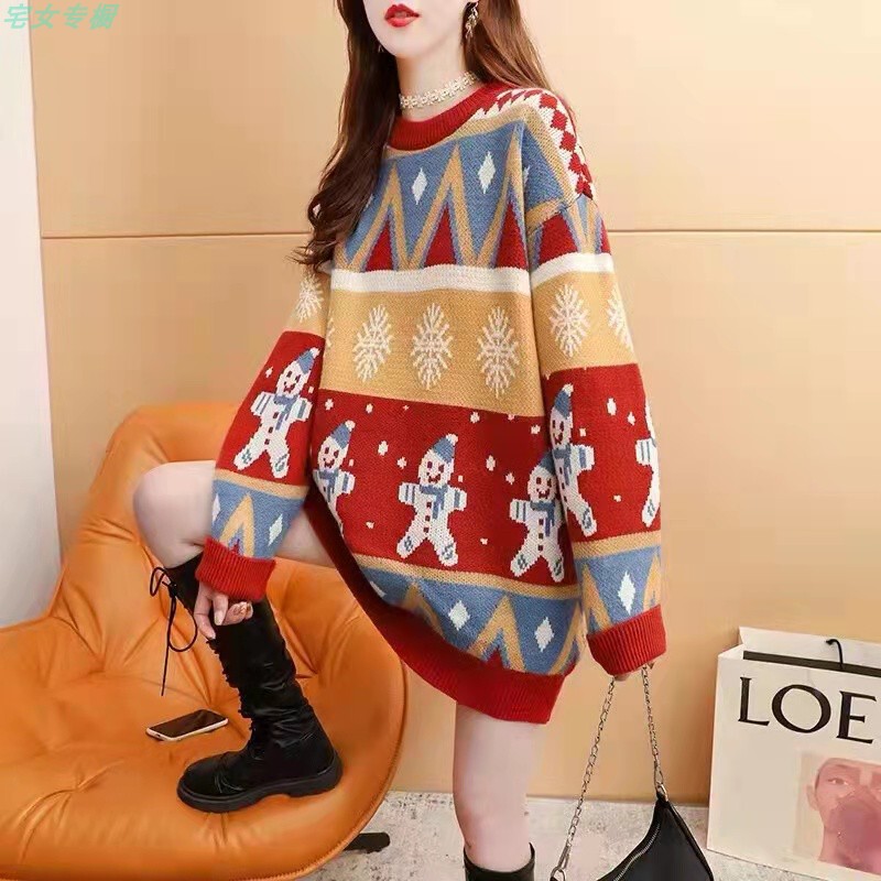 Christmas Red Sweater for Women 2021 New Style Lazy Style Winter Round Neck Knitwear Anime Pullover Thickened Top
