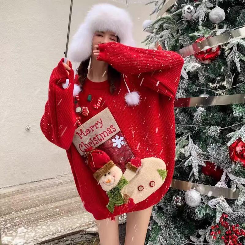 Christmas-Themed Red Cartoon Pullover Sweater for Women, New Winter Knit Sweater with 3D Pattern, Heavy-Duty Thickened Top Christmas-Themed Red Cartoon Pullover Sweater for Women, New Winter Knit Sweater with 3D Pattern, Heavy-Duty Thickened Top