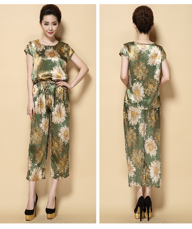 Mùa hè trung niên mẹ ladies silk đồ ngủ mỏng dài tay mùa hè ngắn tay băng lụa của phụ nữ dịch vụ nhà phù hợp với