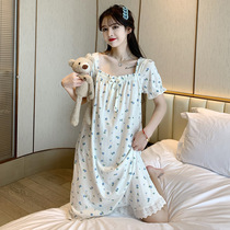 Ms. Tian Mei Sleeping Ladies Princess Wind Princess Wind in Long Skirt Sleeping Skirt Summer Thin style Broken Flowers short sleeve Home Home Clothes can be worn outside