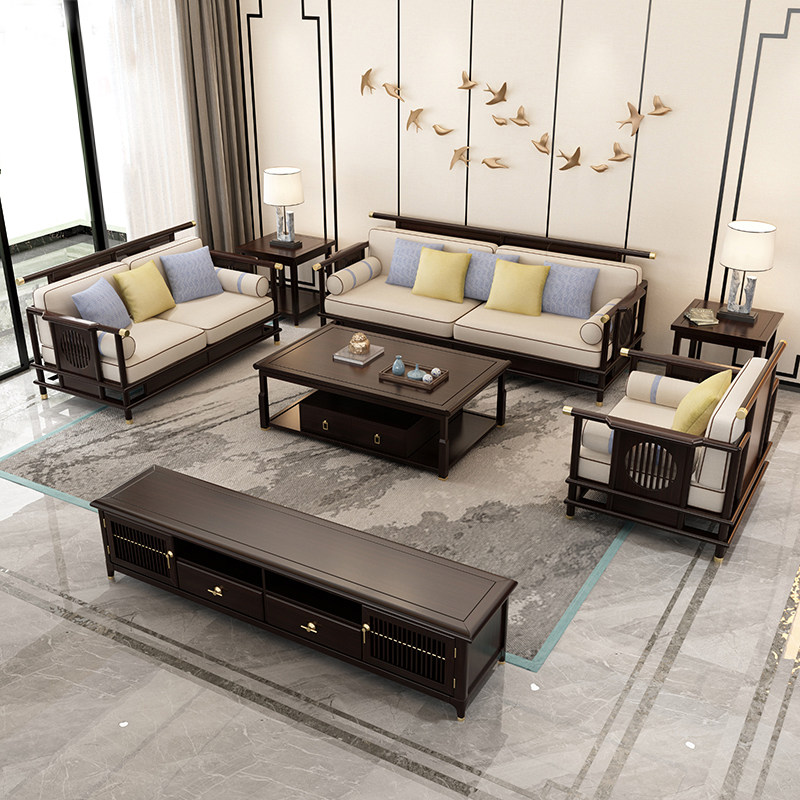 New Chinese style ash wood solid wood sofa combination Zen modern simple high-end fabric light luxury villa living room furniture
