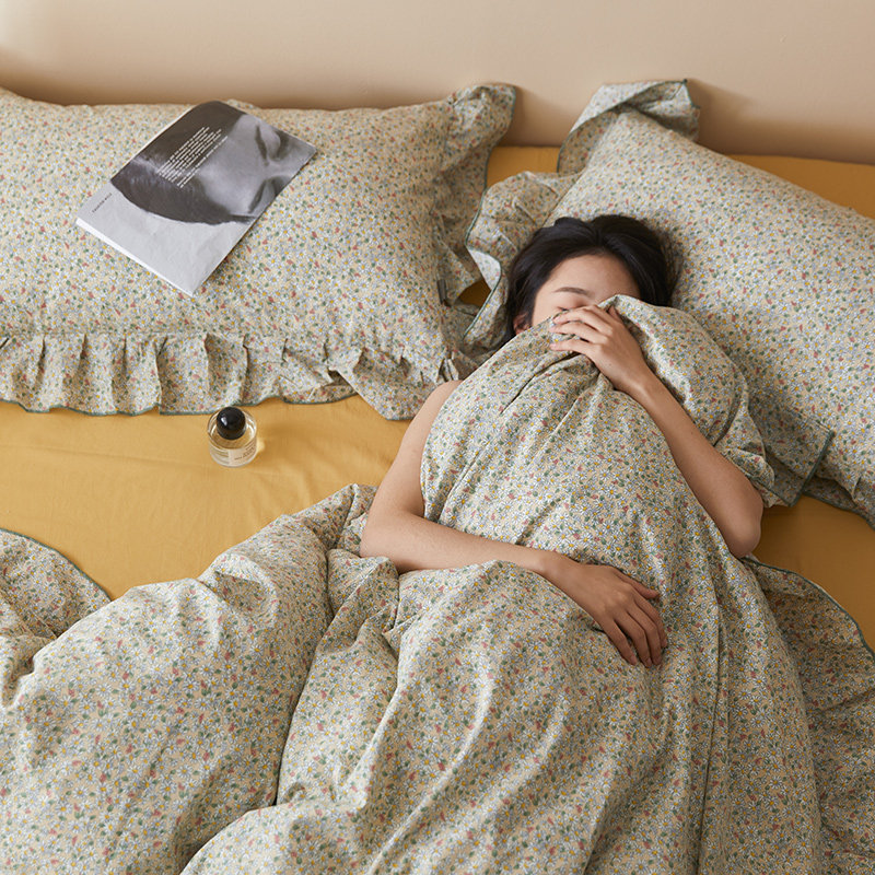 Nordic literary feng shui washed cotton cotton pure cotton four-piece simple quilt cover sheet bed cover type bed skirt bedding