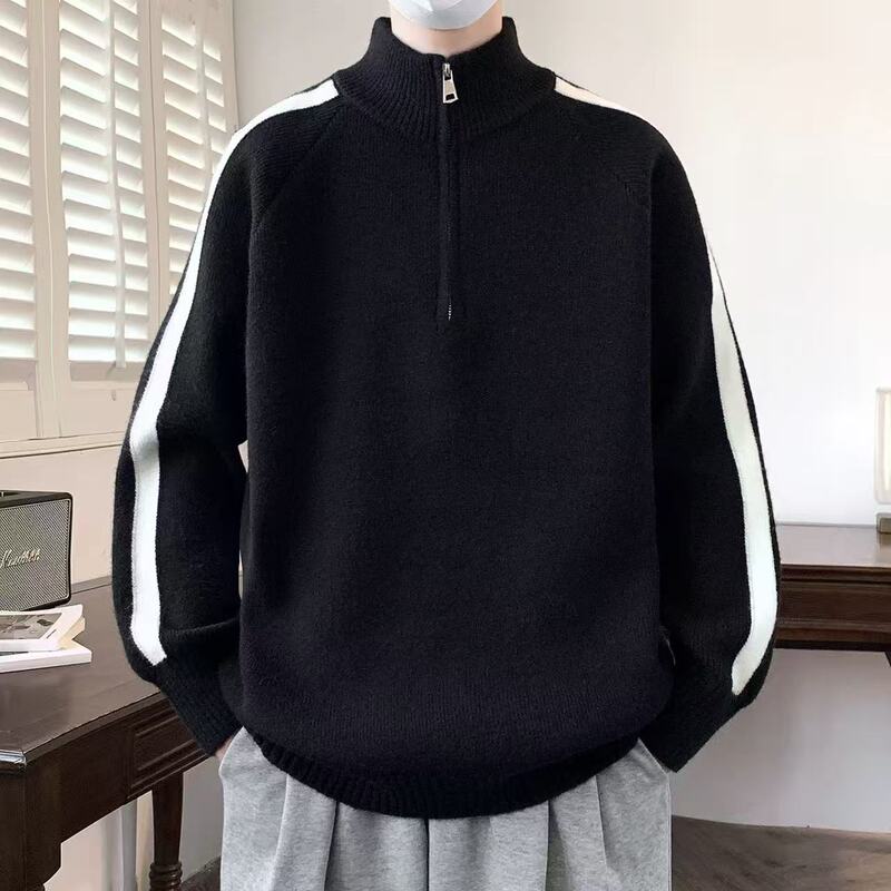 Half-Zip Sweater for Boys and Teenagers, Autumn and Winter, Large Size, New Style, Middle School Students, Stand-Up Collar, Knitted Base Layer, Men's Trendy Clothing