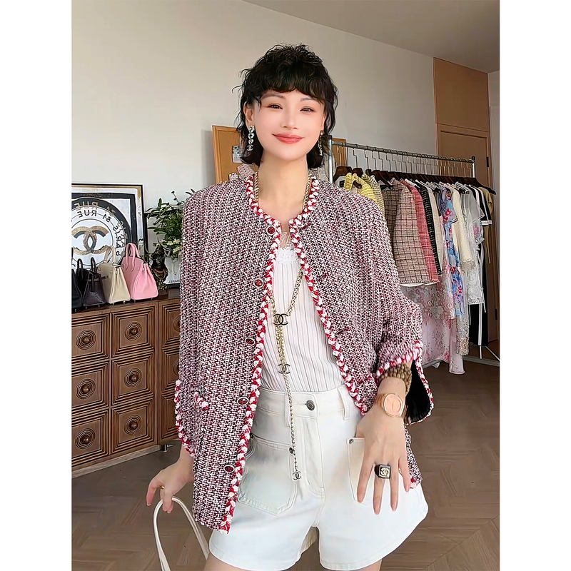 Mr Jiujiu Colorful_Italian Imported Color Dot Velvet Bean/Dye-Gradient Flat Ribbon Thin Tweed Handmade Beaded Edge Chanel-Style Jacket