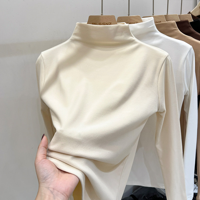 Mid-collar semi-high-collar double-sided Develed undershirt female autumn winter gush with inner lap top 2023 new abrasive t-shirt woman-Taobao