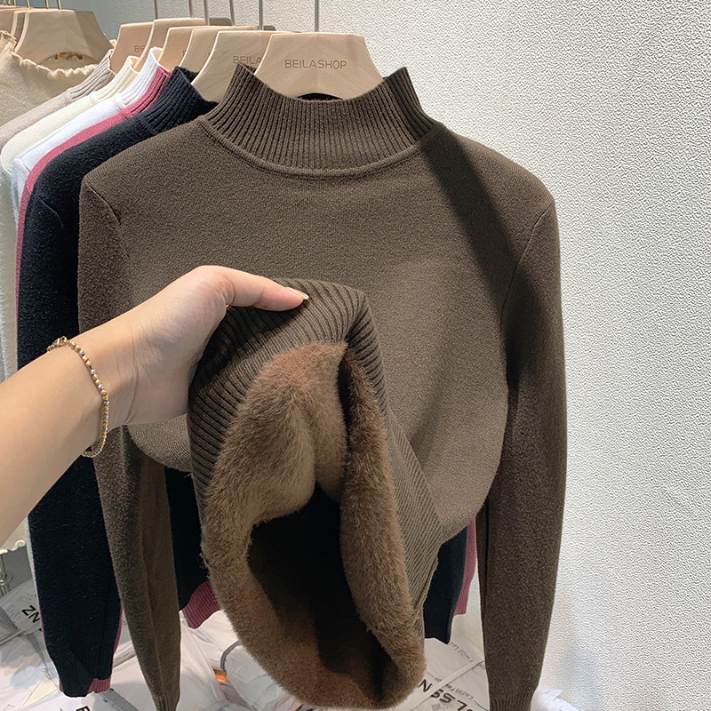 Fleece-Lined Mink Velvet Half-Turtleneck Sweater for Women, New Autumn and Winter Thickened Warm Top, Integrated Fleece Base Layer, Trendy Inner Wear Fleece-Lined Mink Velvet Half-Turtleneck Sweater for Women, New Autumn and Winter Thickened Warm Top, Integrated Fleece Base Layer, Trendy Inner Wear