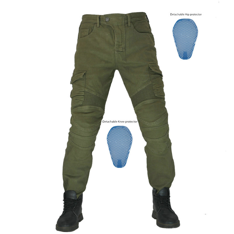 Cross-border explosive army green industry with multi-bag locomotive jeans locomotive bulklog resistance wrestling cycle pants CE shears