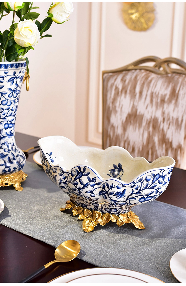 New Chinese style metal ceramic bowl of blue and white porcelain tea table decoration light key-2 luxury furnishing articles American fruit bowl high household