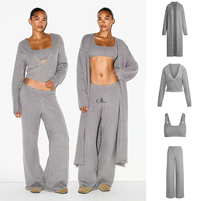 Authentic Skims Kardashian-Style Soft Knit Blend Bra, Wrap-Around Mid-Length Sweater Cardigan, Straight-Leg Pants