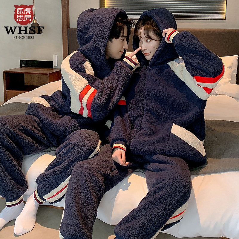 Couple pajamas autumn and winter coral fleece men and women padded warm winter flannel can be worn outside home suit