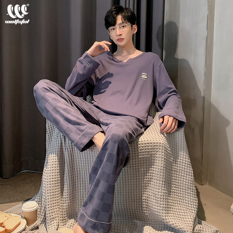 Men's pure cotton pyjamas in spring and autumn with long sleeves minimalist casual teen large size can be worn out of the suit jacket Home Residence Suit Suit