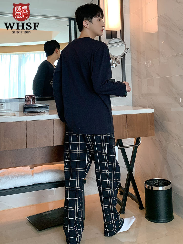 Men's pajamas cotton spring and autumn long-sleeved cotton plaid youth autumn and winter day casual loungewear suit