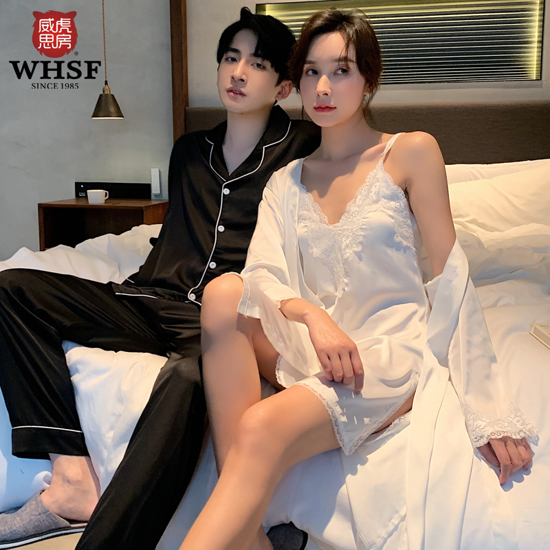 Couple Sleepwear Spring Autumn Style Ice Silk Sexy Lace Sleeping Skirt Woman Harnesses Morning Gown Korean version Long sleeves Men's home Suits Suit