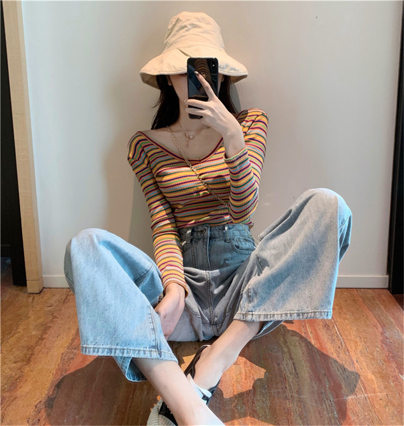 Moowu Jasmine 2022 Autumn New Chic Rainbow Striped Long Sleeve T-shirt Woman Design Sensation Undershirt Blouse