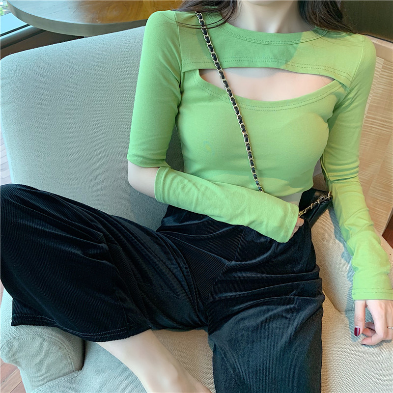 Moowuu Moyu Autumn 2022 Slim fit and thin inside long-sleeved T-shirt women's scheming hollow solid color bottoming top