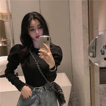 Spot) Mo. Hong Kong flavor fashion bubble sleeve slim T-shirt solid color round neck sleeve long sleeve top women