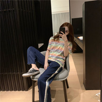 (Spot) 2020 Hong Kong flavor letter printing loose bf style T-shirt blue and white strip sports casual pants set women tide