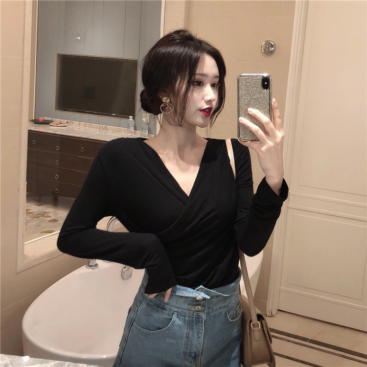 Korean Version New Caution Machine Deep V Collar Cross Long Sleeve T-shirt Woman Ins 100 hitch fit short design Feel Undershirt