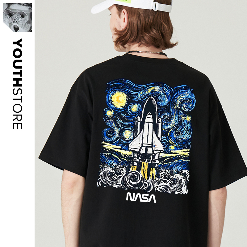Youth Store Van Gogh Starry Night Astronaut T-Shirt Nasa Collaboration Loose Fit Oversized Short-Sleeve Clothing Youth Store Van Gogh Starry Night Astronaut T-Shirt Nasa Collaboration Loose Fit Oversized Short-Sleeve Clothing