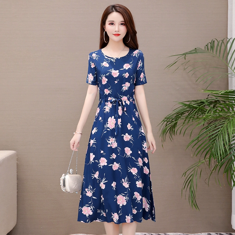 Áo dài lụa cotton mùa hè mới 2021 váy hoa trung niên và phụ nữ cao tuổi rayon eo thon váy dài - Váy dài