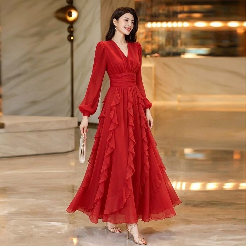 Solid Color Chiffon French-Style Elegant Red Long-Sleeve Dress for Women, Waist-Cinching with Ruffled Hem, Luxurious and Age-Reducing