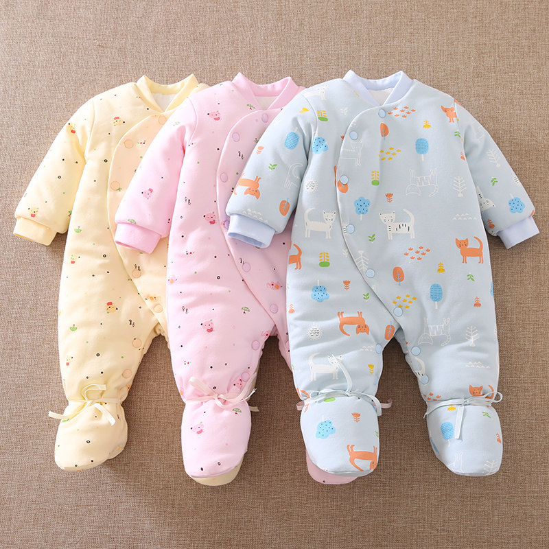 Baby jumpsuit autumn and winter clothes Newborn cotton thick warm foot jacket Baby full moon cotton clothes