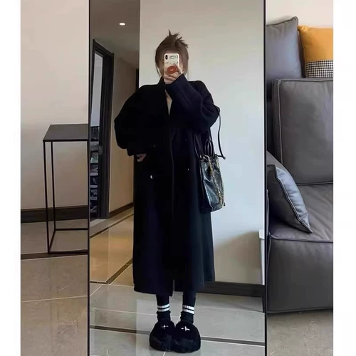 Шерстяной длинный пуховик, зимнее черное шерстяное пальто, средней длины, подходит для подростков, в корейском стиле