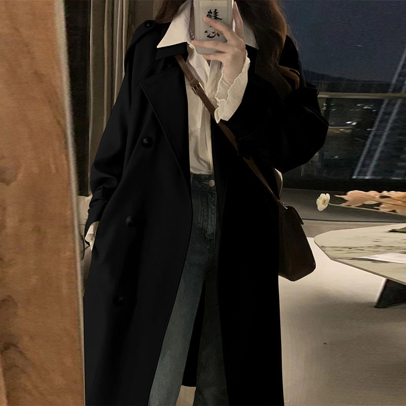 Черная женская ветровка средней длины, новинка 2025 года, весенне-осенний корейский стиль, популярное пальто в британском стиле в этом году