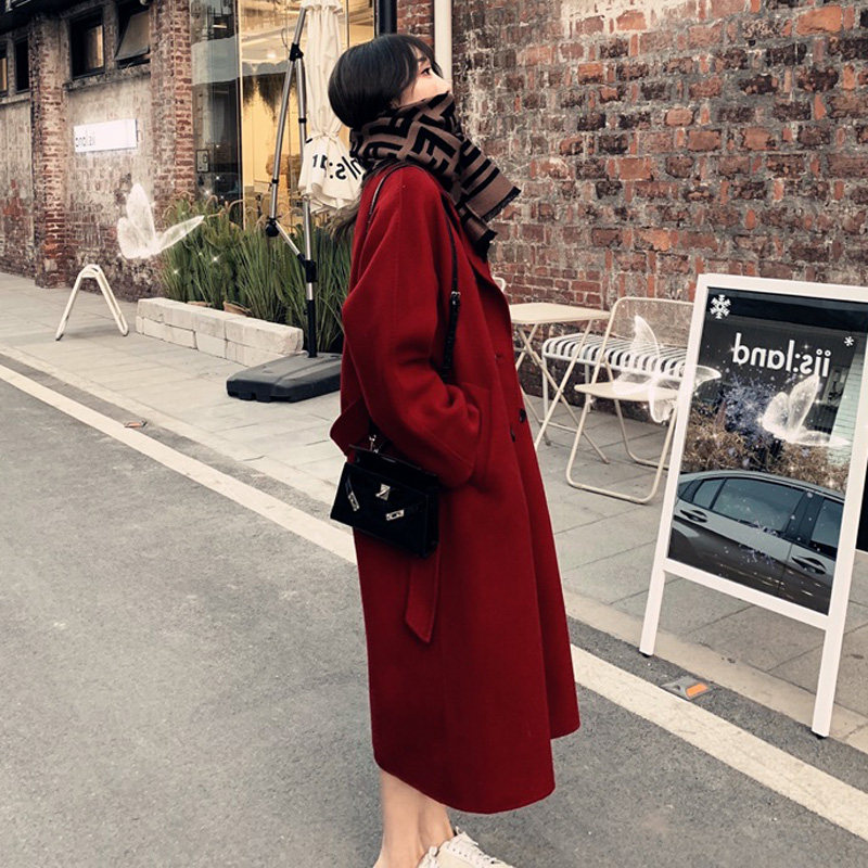 2020 new red double-sided cashmere coat women's long version over the knee autumn and winter wool coat Hepburn trend