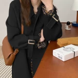 Весеннее осеннее черное длинное шерстяное пальто, куртка, 2021 года, средней длины, подходит для подростков