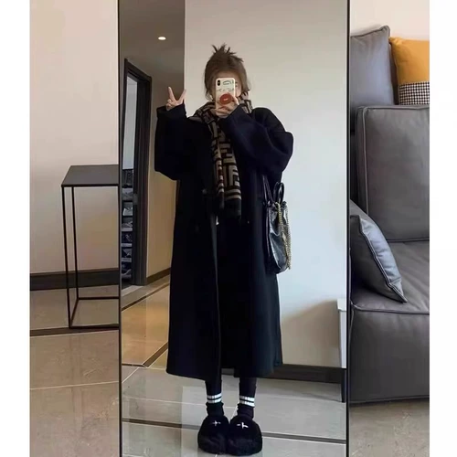 Шерстяной длинный пуховик, зимнее черное шерстяное пальто, средней длины, подходит для подростков, в корейском стиле