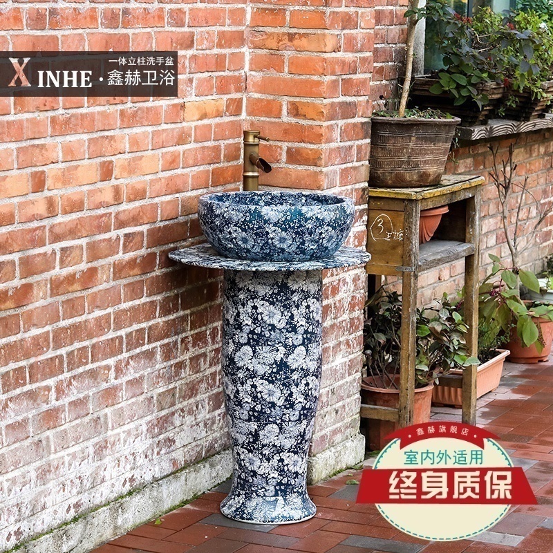 Lavabo blue - and - white ceramics basin of pillar type commode toilets art is suing bathroom floor column basin